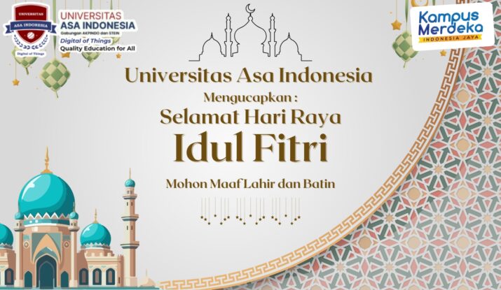 Ucapan Selamat Hari Raya Idul Fitri 2025 dari Universitas Asa Indonesia dengan nuansa islami dan pesan damai"